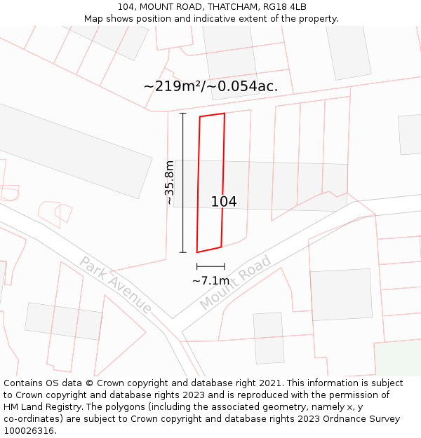 104, MOUNT ROAD, THATCHAM, RG18 4LB: Plot and title map