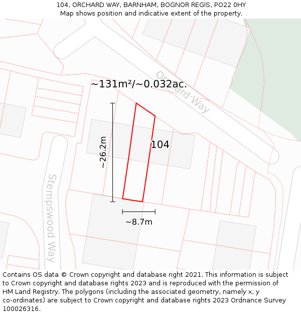 104, ORCHARD WAY, BARNHAM, BOGNOR REGIS, PO22 0HY: Plot and title map