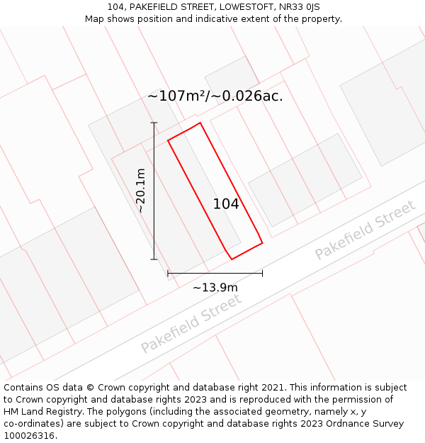 104, PAKEFIELD STREET, LOWESTOFT, NR33 0JS: Plot and title map