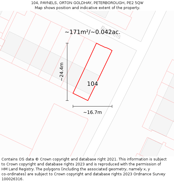 104, PAYNELS, ORTON GOLDHAY, PETERBOROUGH, PE2 5QW: Plot and title map