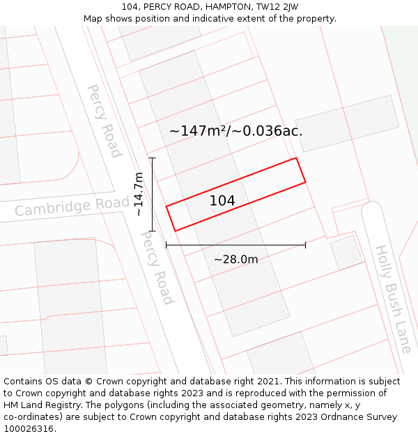 104, PERCY ROAD, HAMPTON, TW12 2JW: Plot and title map