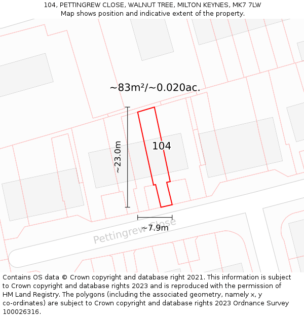 104, PETTINGREW CLOSE, WALNUT TREE, MILTON KEYNES, MK7 7LW: Plot and title map