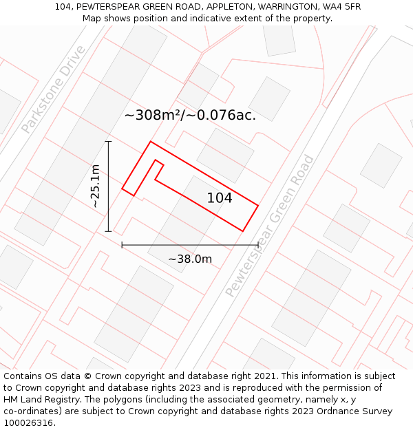 104, PEWTERSPEAR GREEN ROAD, APPLETON, WARRINGTON, WA4 5FR: Plot and title map
