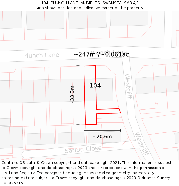 104, PLUNCH LANE, MUMBLES, SWANSEA, SA3 4JE: Plot and title map
