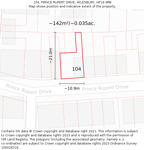 104, PRINCE RUPERT DRIVE, AYLESBURY, HP19 9RB: Plot and title map
