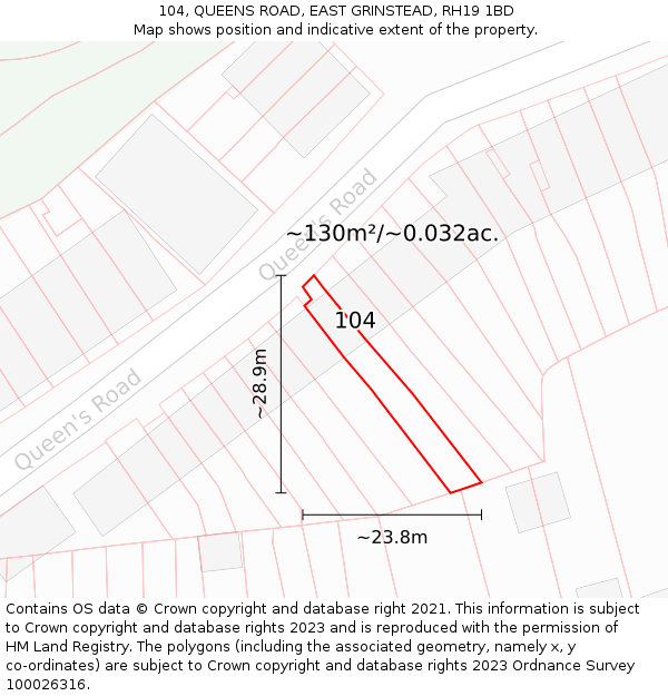 104, QUEENS ROAD, EAST GRINSTEAD, RH19 1BD: Plot and title map