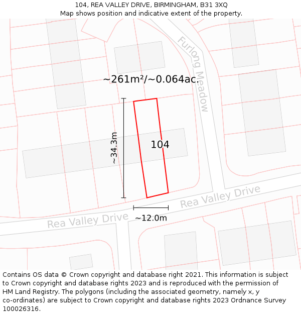 104, REA VALLEY DRIVE, BIRMINGHAM, B31 3XQ: Plot and title map