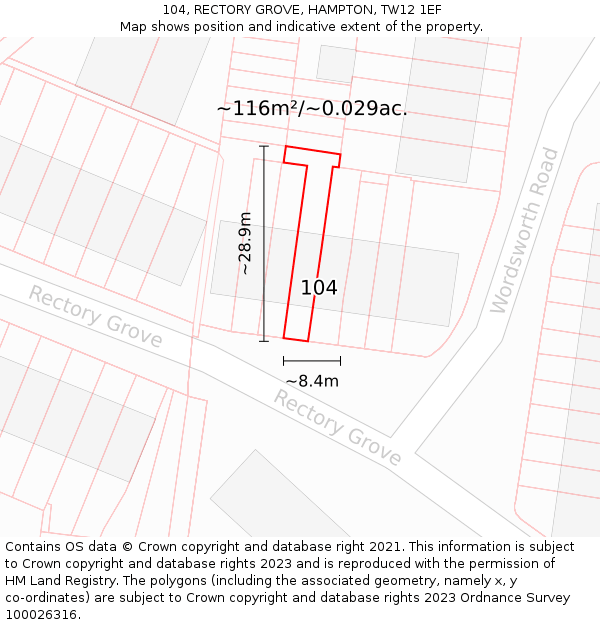 104, RECTORY GROVE, HAMPTON, TW12 1EF: Plot and title map