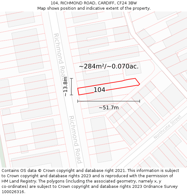 104, RICHMOND ROAD, CARDIFF, CF24 3BW: Plot and title map