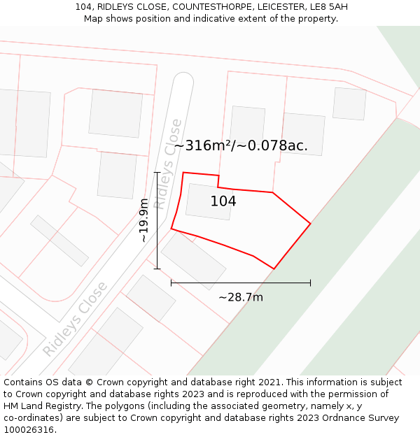104, RIDLEYS CLOSE, COUNTESTHORPE, LEICESTER, LE8 5AH: Plot and title map