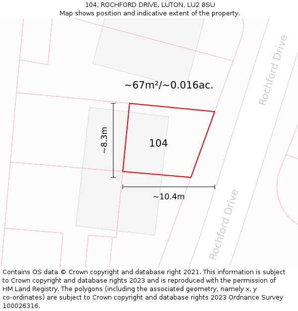 104, ROCHFORD DRIVE, LUTON, LU2 8SU: Plot and title map