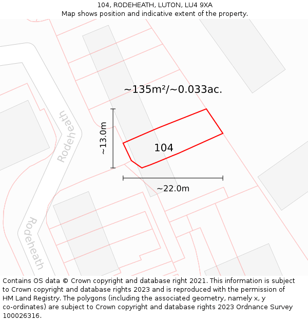104, RODEHEATH, LUTON, LU4 9XA: Plot and title map