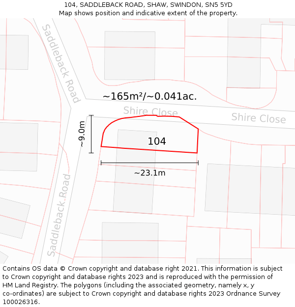104, SADDLEBACK ROAD, SHAW, SWINDON, SN5 5YD: Plot and title map