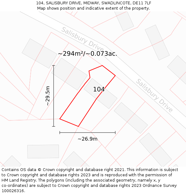104, SALISBURY DRIVE, MIDWAY, SWADLINCOTE, DE11 7LF: Plot and title map