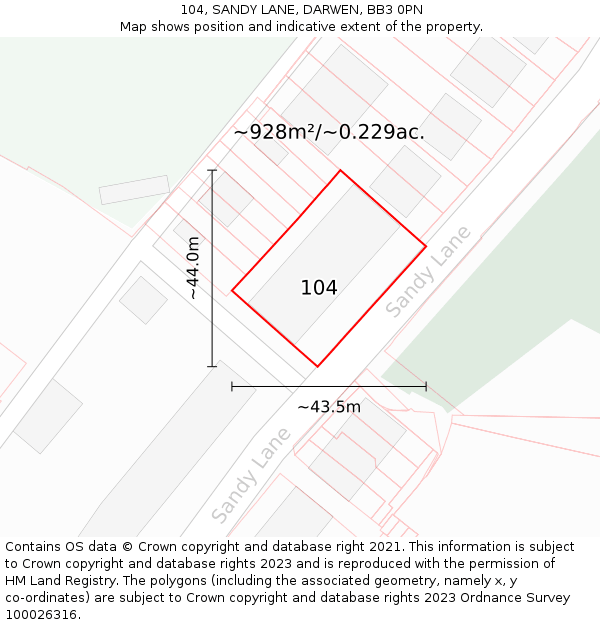 104, SANDY LANE, DARWEN, BB3 0PN: Plot and title map