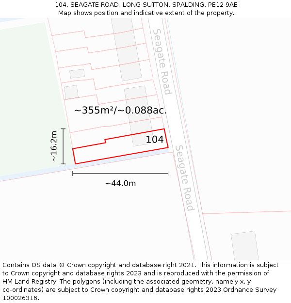 104, SEAGATE ROAD, LONG SUTTON, SPALDING, PE12 9AE: Plot and title map