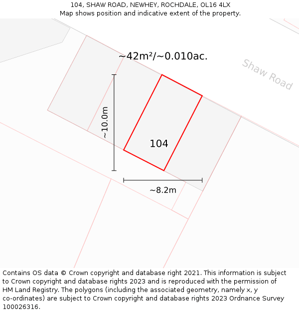 104, SHAW ROAD, NEWHEY, ROCHDALE, OL16 4LX: Plot and title map
