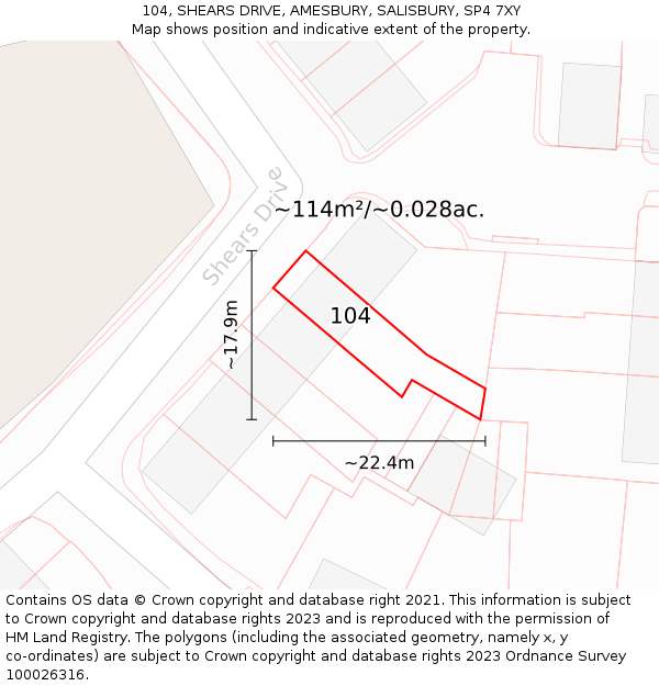 104, SHEARS DRIVE, AMESBURY, SALISBURY, SP4 7XY: Plot and title map