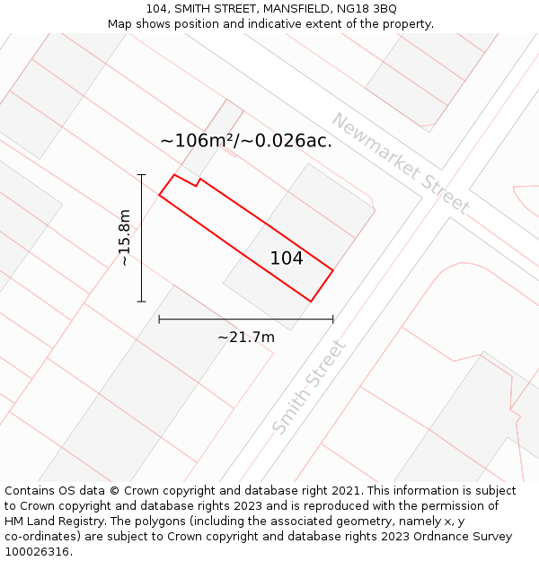 104, SMITH STREET, MANSFIELD, NG18 3BQ: Plot and title map