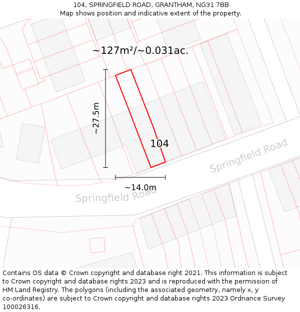 104, SPRINGFIELD ROAD, GRANTHAM, NG31 7BB: Plot and title map