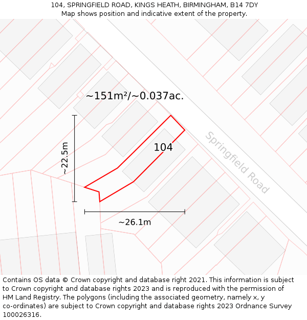 104, SPRINGFIELD ROAD, KINGS HEATH, BIRMINGHAM, B14 7DY: Plot and title map