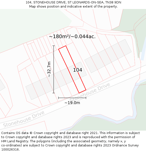 104, STONEHOUSE DRIVE, ST LEONARDS-ON-SEA, TN38 9DN: Plot and title map