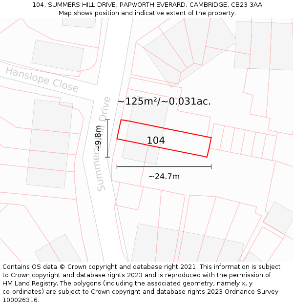 104, SUMMERS HILL DRIVE, PAPWORTH EVERARD, CAMBRIDGE, CB23 3AA: Plot and title map
