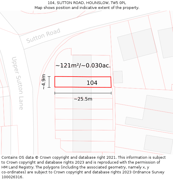 104, SUTTON ROAD, HOUNSLOW, TW5 0PL: Plot and title map