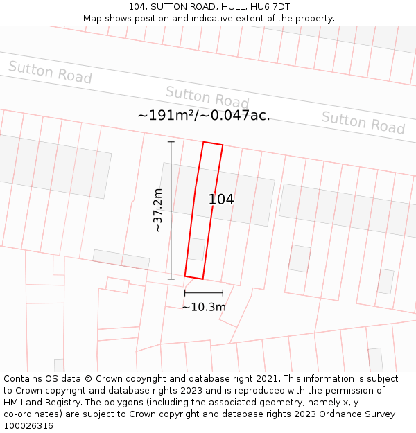 104, SUTTON ROAD, HULL, HU6 7DT: Plot and title map
