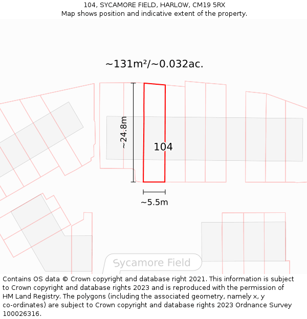 104, SYCAMORE FIELD, HARLOW, CM19 5RX: Plot and title map