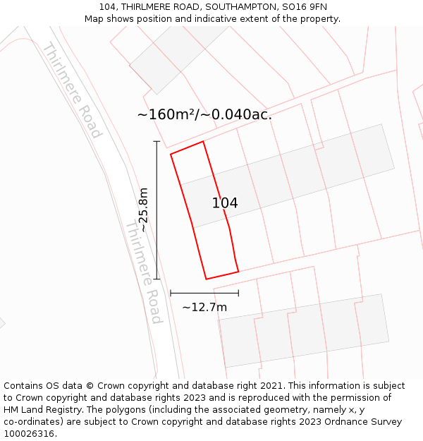 104, THIRLMERE ROAD, SOUTHAMPTON, SO16 9FN: Plot and title map