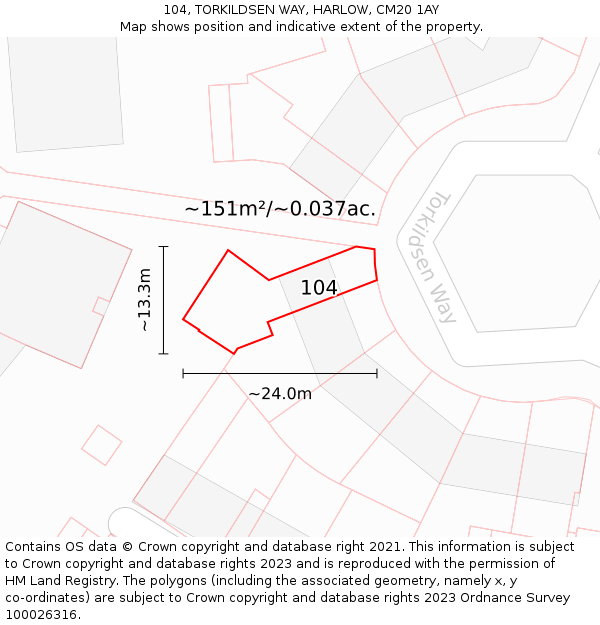 104, TORKILDSEN WAY, HARLOW, CM20 1AY: Plot and title map
