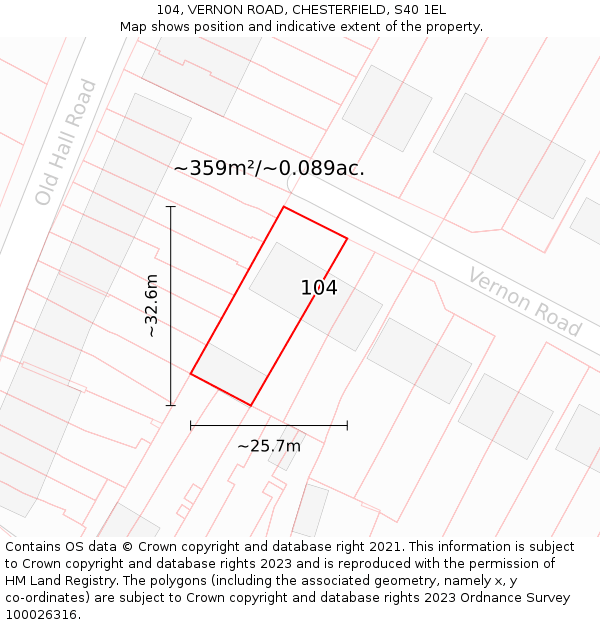 104, VERNON ROAD, CHESTERFIELD, S40 1EL: Plot and title map