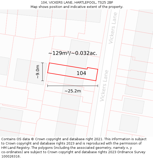 104, VICKERS LANE, HARTLEPOOL, TS25 2BF: Plot and title map