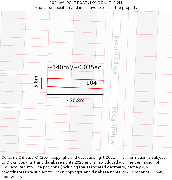 104, WALPOLE ROAD, LONDON, E18 2LL: Plot and title map