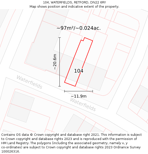 104, WATERFIELDS, RETFORD, DN22 6RY: Plot and title map