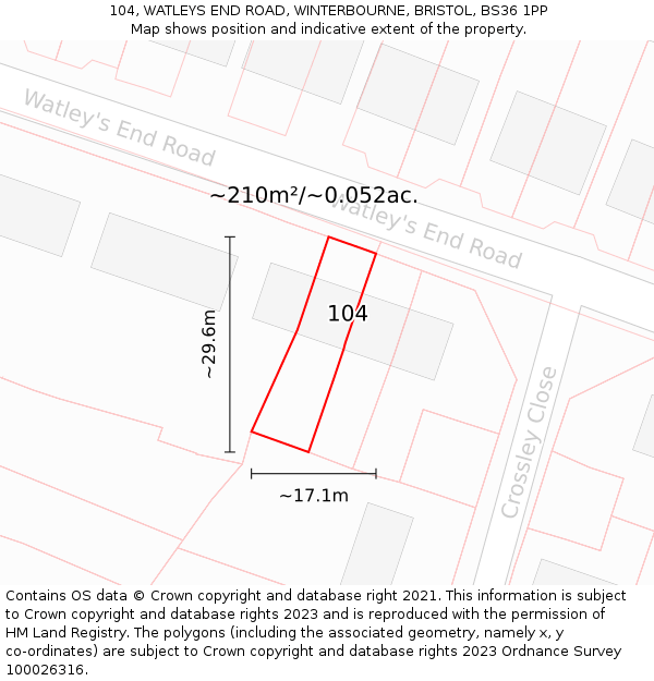 104, WATLEYS END ROAD, WINTERBOURNE, BRISTOL, BS36 1PP: Plot and title map
