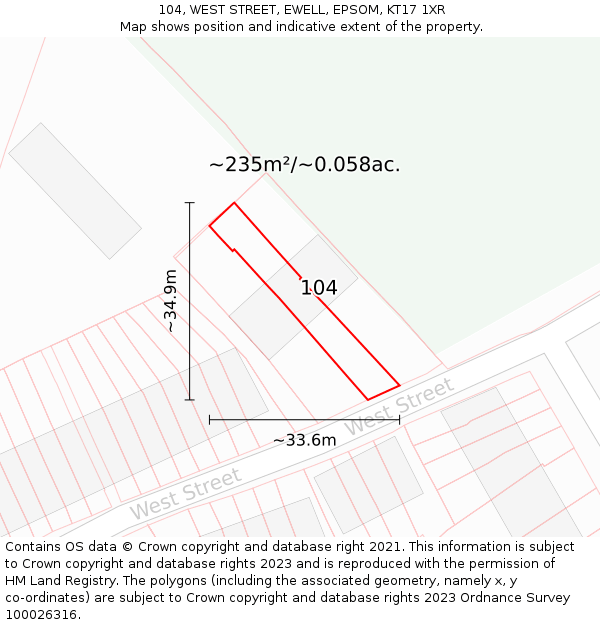 104, WEST STREET, EWELL, EPSOM, KT17 1XR: Plot and title map