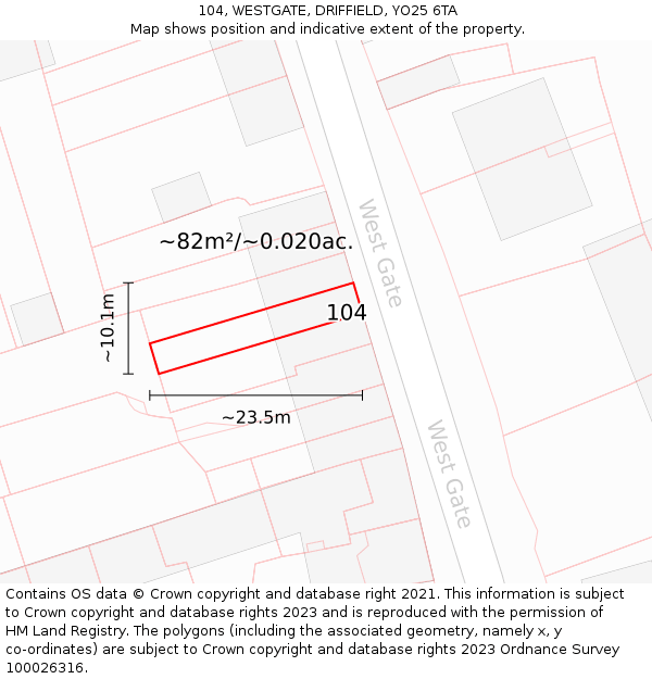 104, WESTGATE, DRIFFIELD, YO25 6TA: Plot and title map