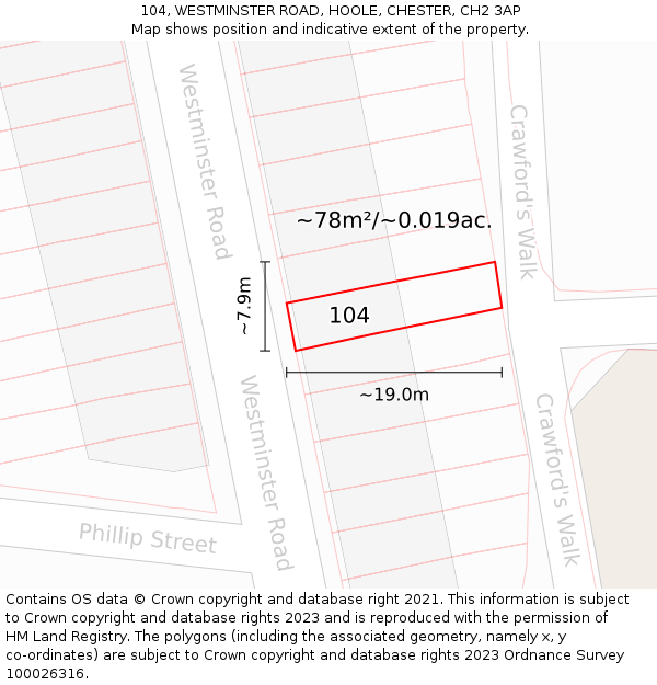 104, WESTMINSTER ROAD, HOOLE, CHESTER, CH2 3AP: Plot and title map