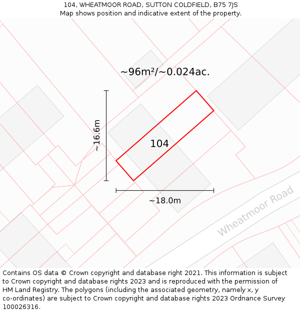 104, WHEATMOOR ROAD, SUTTON COLDFIELD, B75 7JS: Plot and title map