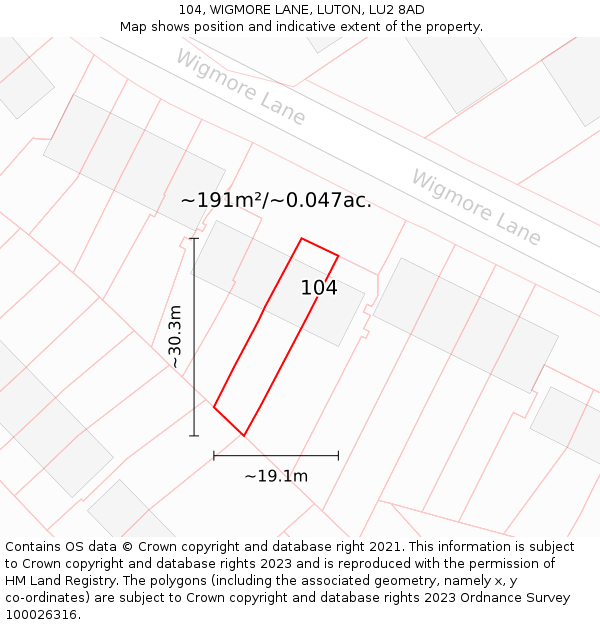 104, WIGMORE LANE, LUTON, LU2 8AD: Plot and title map