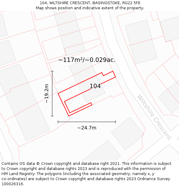 104, WILTSHIRE CRESCENT, BASINGSTOKE, RG22 5FE: Plot and title map