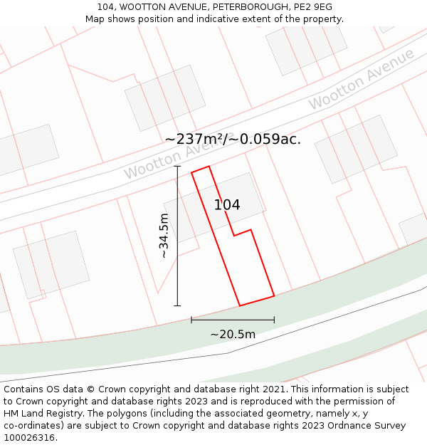 104, WOOTTON AVENUE, PETERBOROUGH, PE2 9EG: Plot and title map