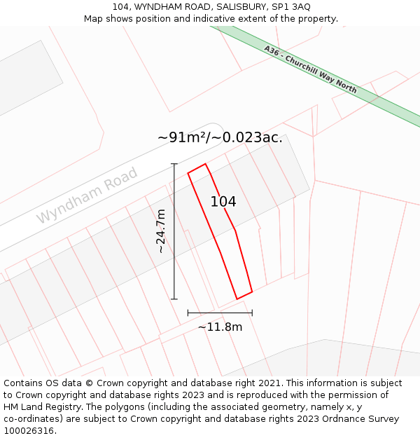 104, WYNDHAM ROAD, SALISBURY, SP1 3AQ: Plot and title map