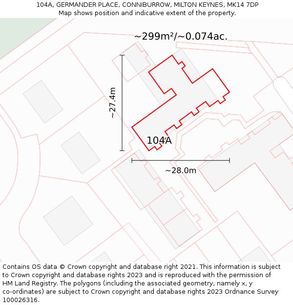 104A, GERMANDER PLACE, CONNIBURROW, MILTON KEYNES, MK14 7DP: Plot and title map