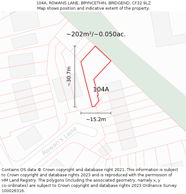 104A, ROWANS LANE, BRYNCETHIN, BRIDGEND, CF32 9LZ: Plot and title map
