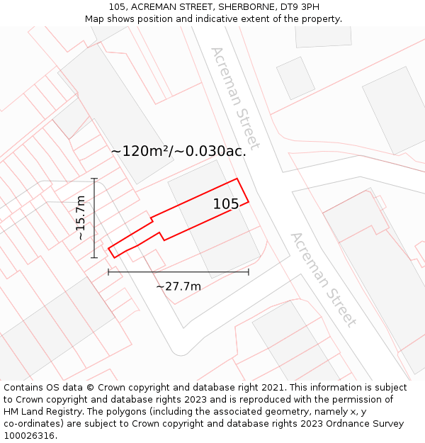 105, ACREMAN STREET, SHERBORNE, DT9 3PH: Plot and title map
