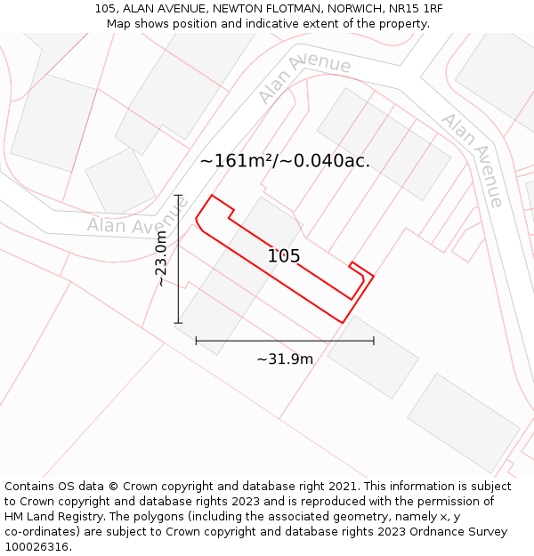105, ALAN AVENUE, NEWTON FLOTMAN, NORWICH, NR15 1RF: Plot and title map