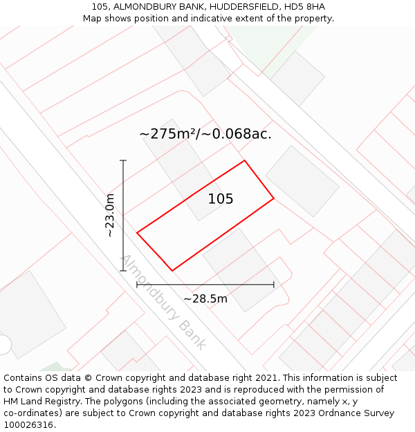 105, ALMONDBURY BANK, HUDDERSFIELD, HD5 8HA: Plot and title map